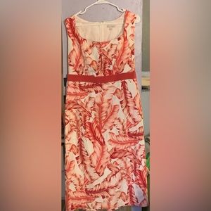 Pink feather/ tropical pattern mid length dress